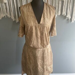 Halston Heritage Short Sleeve Cold Shoulder Dress Khaki Botanical Print
